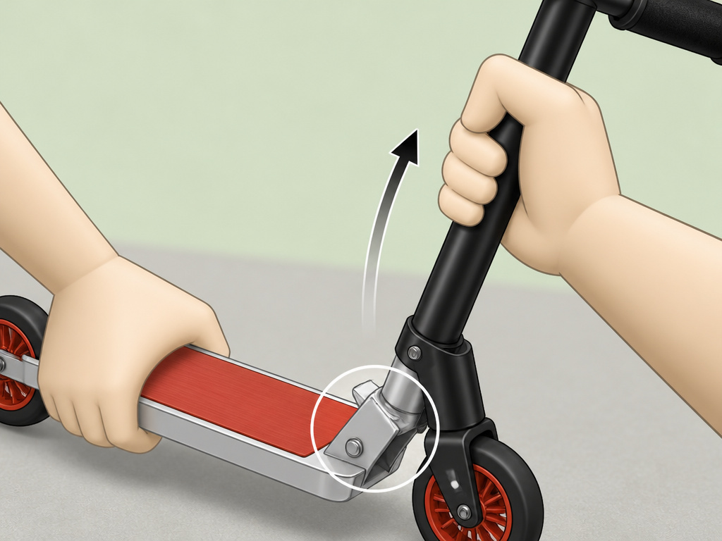 Cartoon illustration of hands raising the handlebar stem on a Razor scooter.