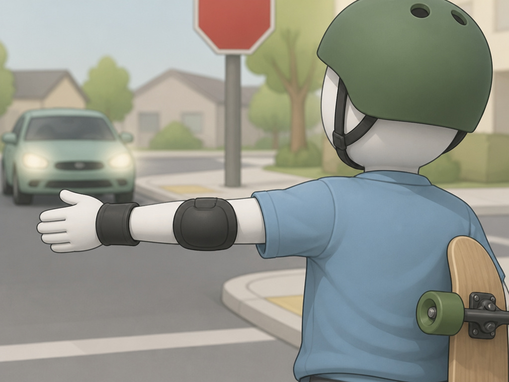 Longboard rider using hand signals on a street with a car at a stop sign