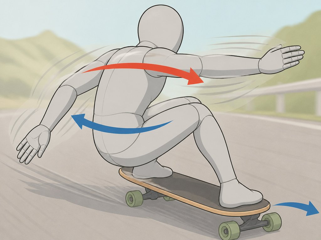 Longboarder performing a speed check with upper-body counter-rotation and slide initiation.