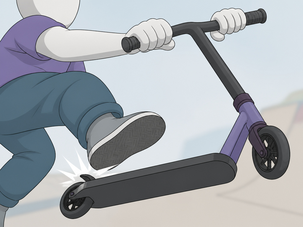 Cartoon illustration of a scooter tailwhip kick initiation in mid-air.