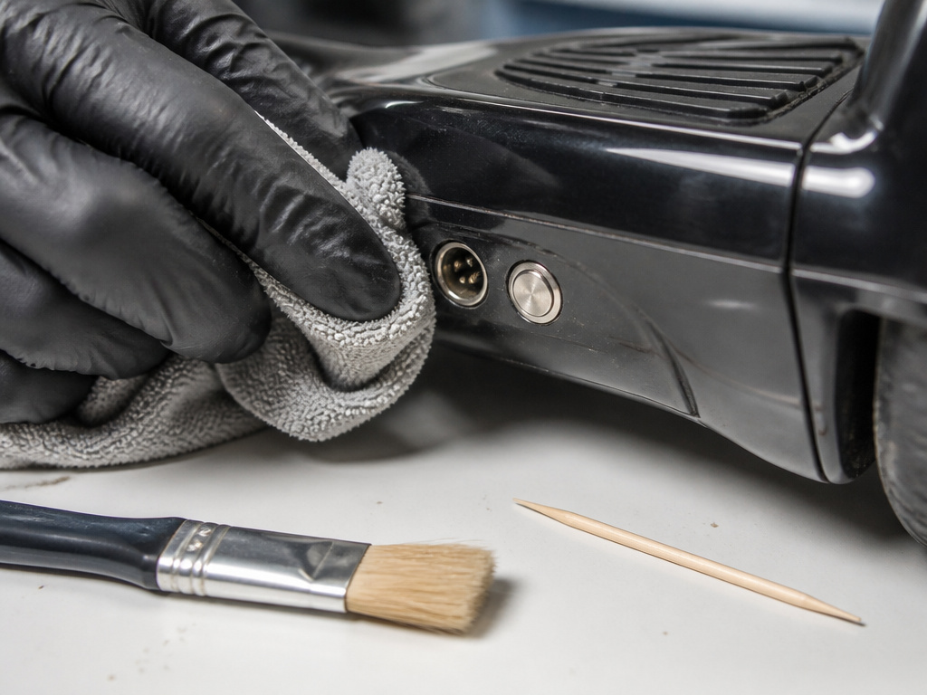 Cleaning hoverboard ports with a microfiber cloth and safe tools.