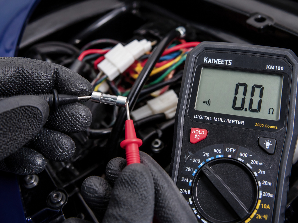 Technician testing scooter fuse continuity with a multimeter probe