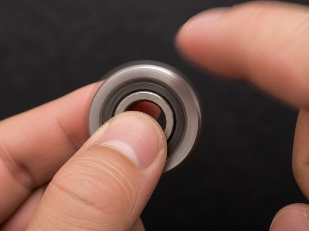 Close-up of a hand testing a skateboard bearing spin after cleaning.