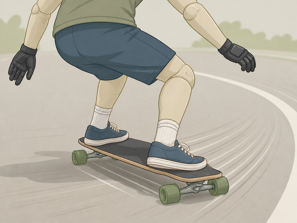 Longboarder performing a deep speed check slide at a 45-degree angle.