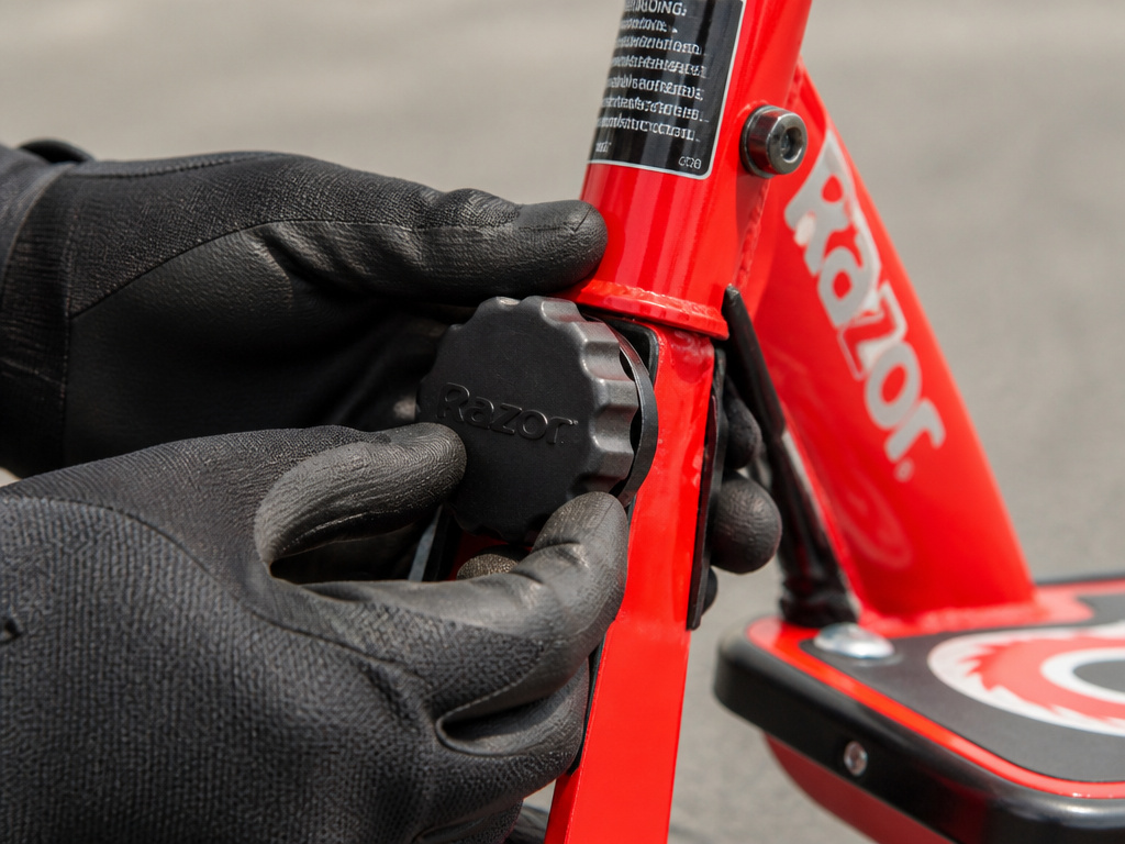 Close-up of hands tightening the knob on a folded Razor scooter.