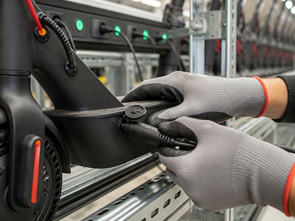 Electric scooter charging in a secure warehouse facility for rental business.