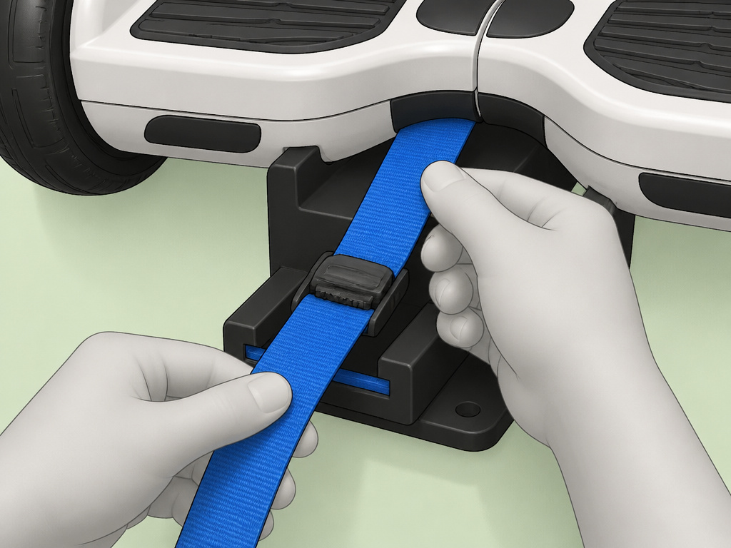Close-up of hands tightening a hoverboard strap into a cart bracket.