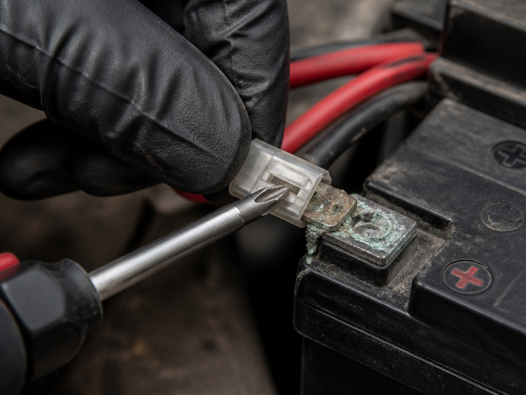 Close-up of disconnecting a corroded electric scooter battery terminal during inspection.