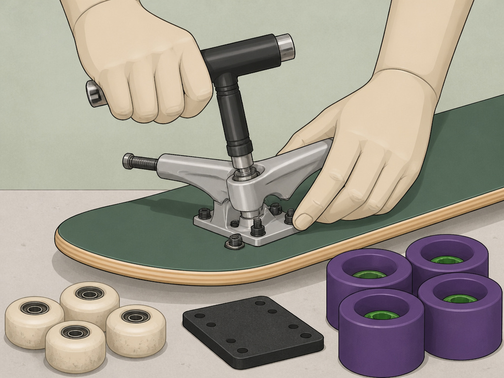 Close-up of using a T-tool to remove a skateboard truck during conversion to longboard.