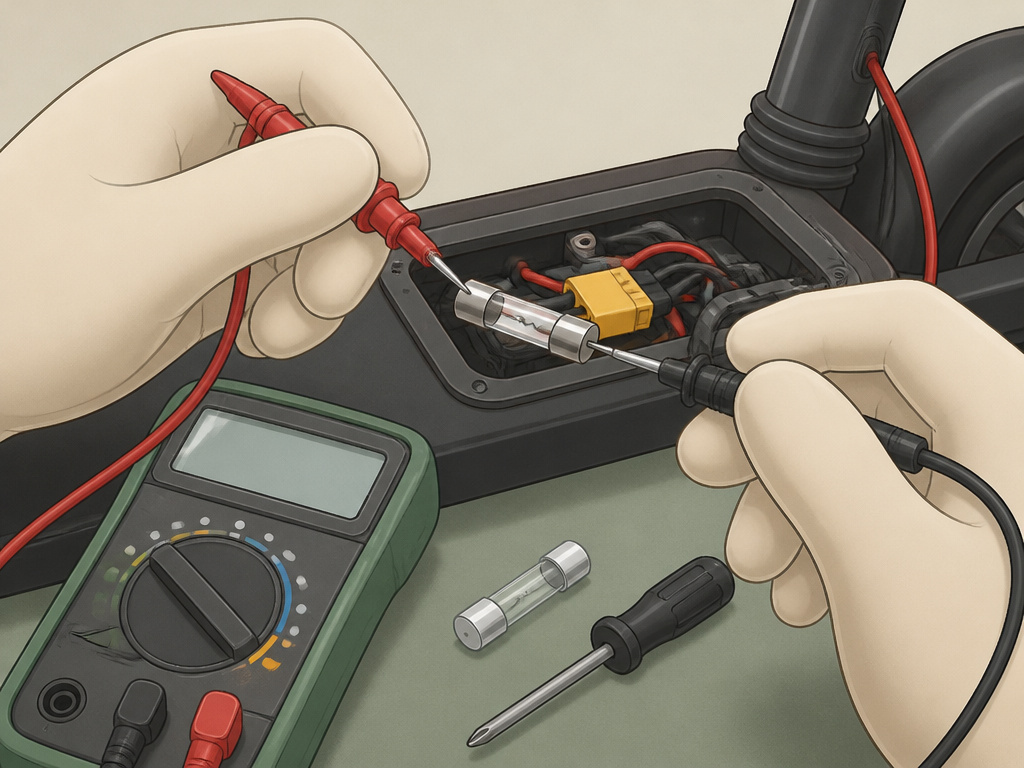 Diagnostic step checking a blown fuse with a multimeter for electric scooter repair.