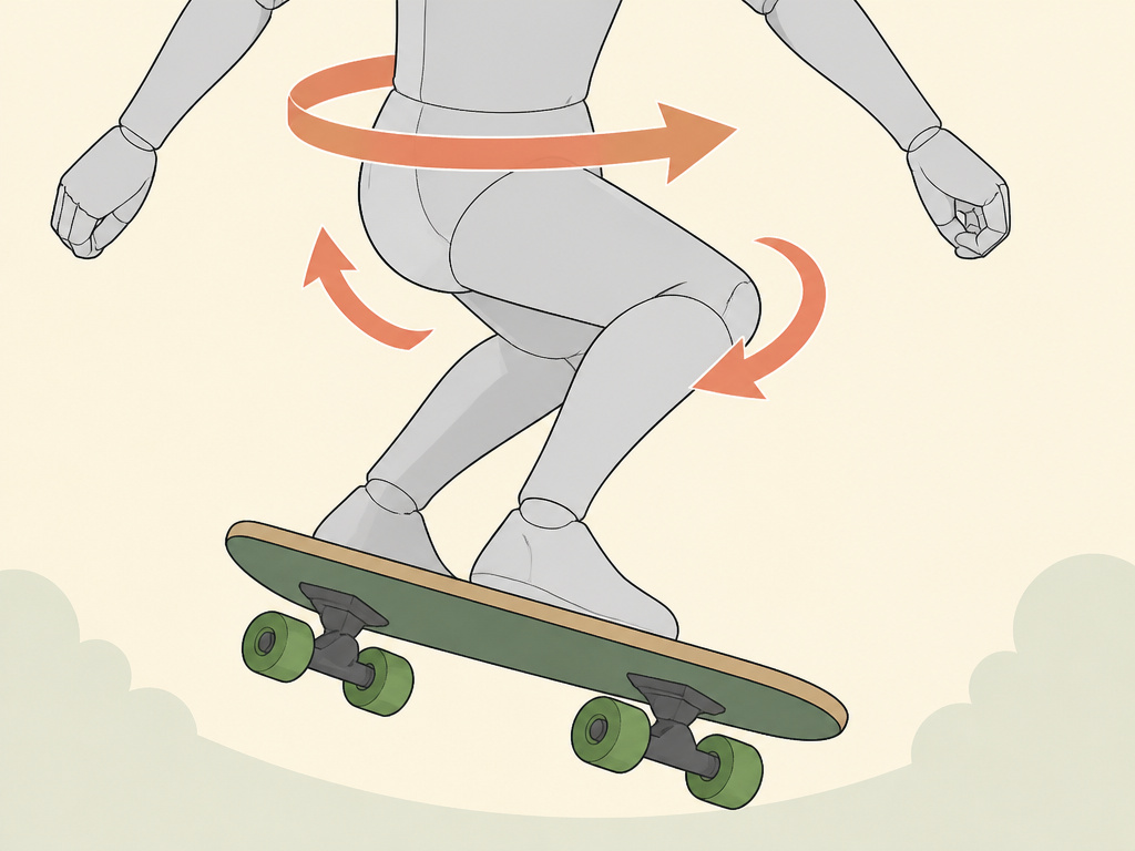 Diagram of hip and leg rotation during a backside 180 longboard trick.