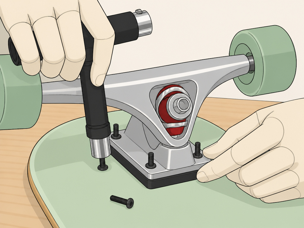 Tightening longboard trucks onto a cruiser skateboard deck in star pattern.