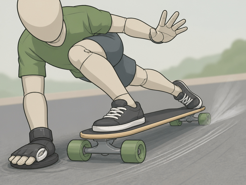 Close-up of longboard drift initiation with hand down and back foot kick.