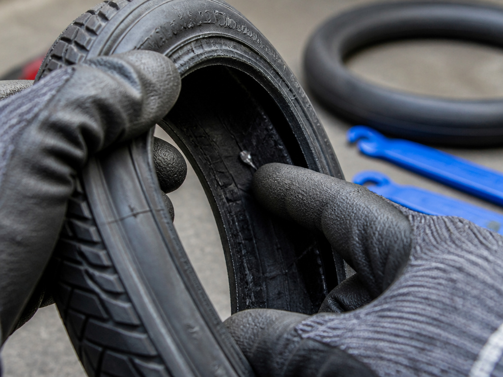 Mechanic finding puncture cause inside electric scooter tire tread.