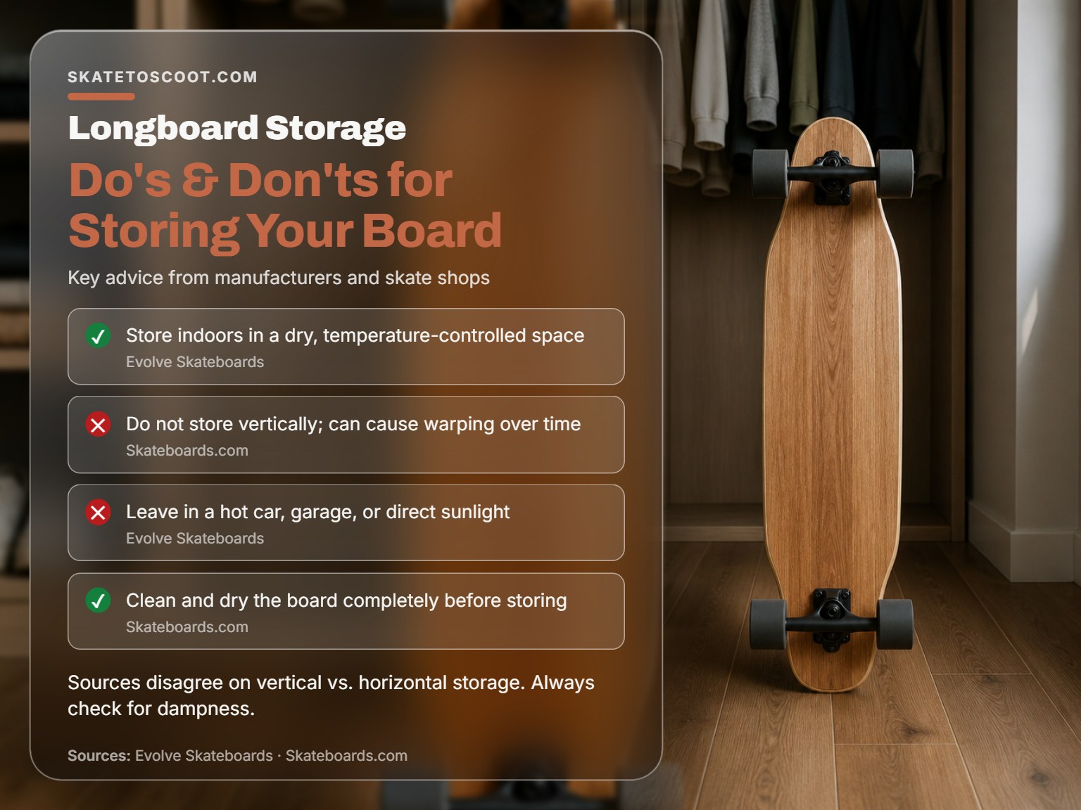 A longboard stored flat on a closet floor, illustrating proper storage conditions.
