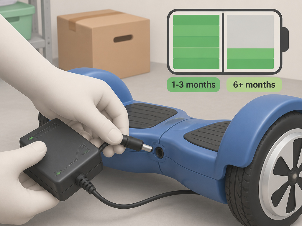 Cartoon diagram comparing long-term hoverboard storage charging levels: 100% vs 60%