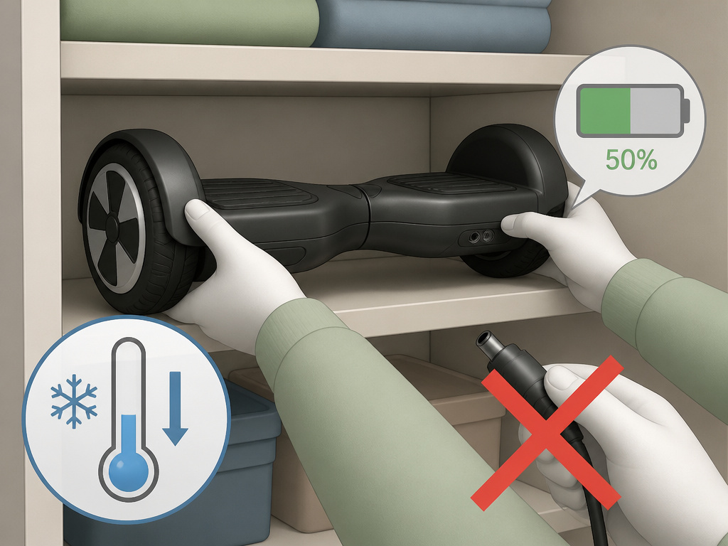 Cartoon diagram for storing and charging a hoverboard in cold temperatures