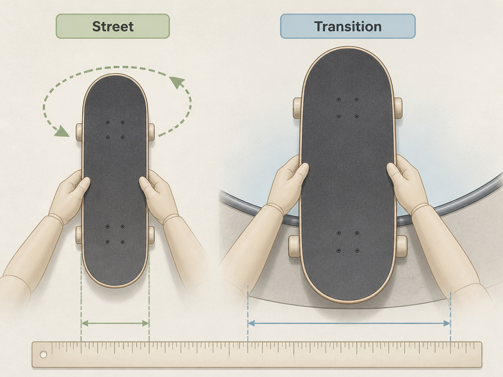 Comparison of short street skateboard deck versus long transition deck length and width.