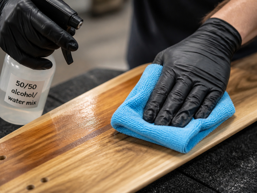Preparing a longboard deck for wrapping with alcohol solution and microfiber cloth.