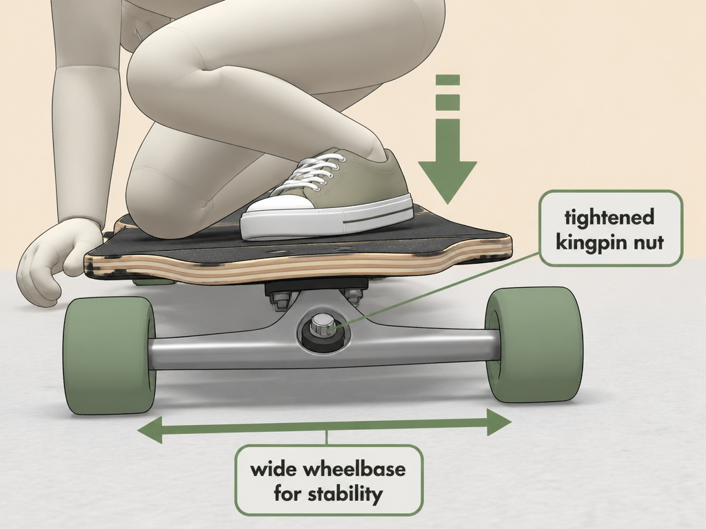 Diagram of longboard truck stability and proper rider crouch to prevent speed wobbles.
