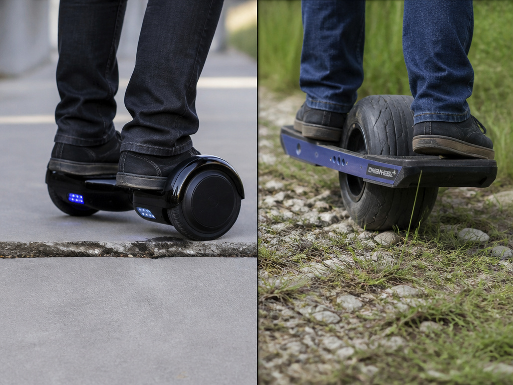 Hoverboard stuck on pavement crack versus Onewheel riding on gravel and grass.