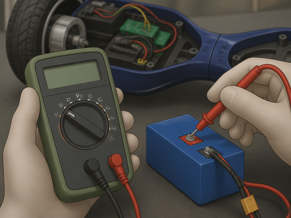 Using a multimeter to test the voltage of a hoverboard battery pack.