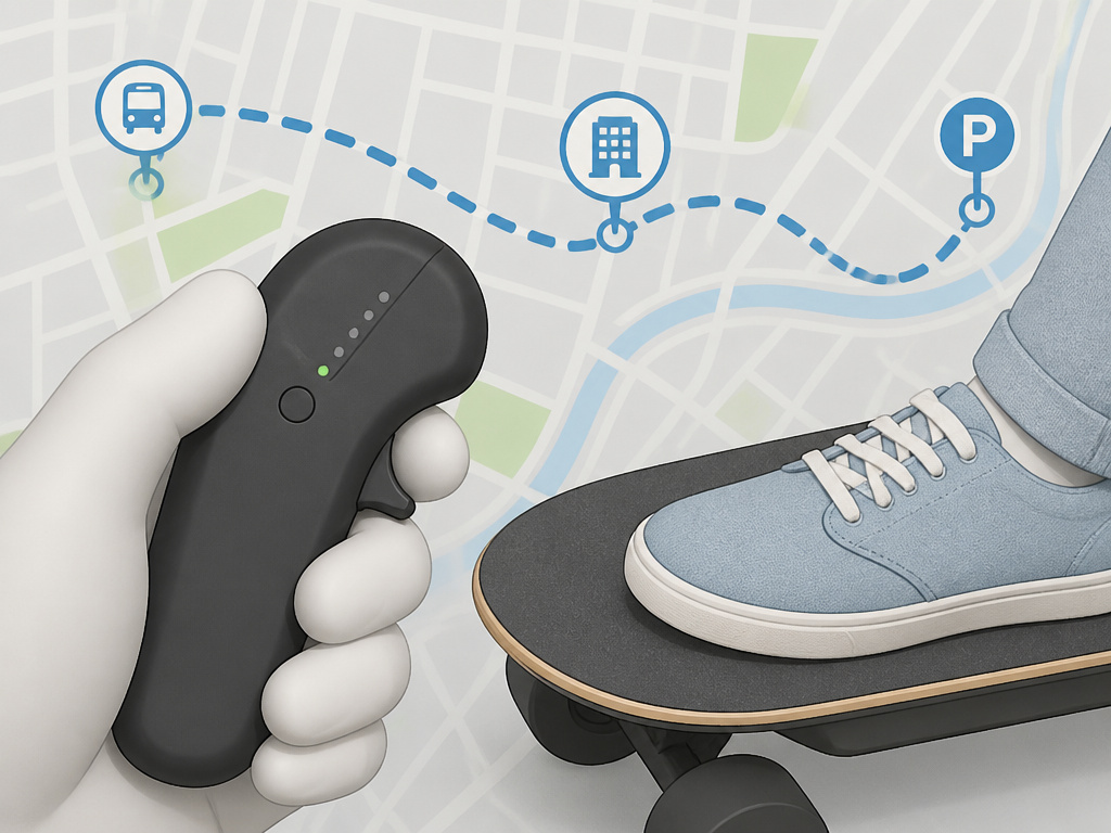Electric skateboard used for a short urban commute on a map route.