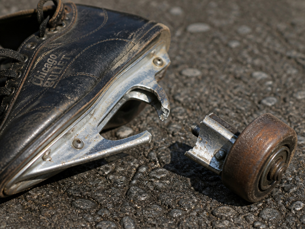 Close-up of a recalled Chicago Bullet skate with broken axle assembly