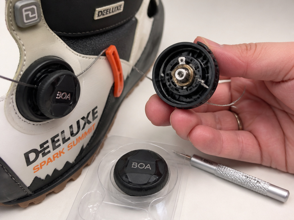 Close-up of recalled Boa reel and repair kit for Deeluxe snowboard boots.