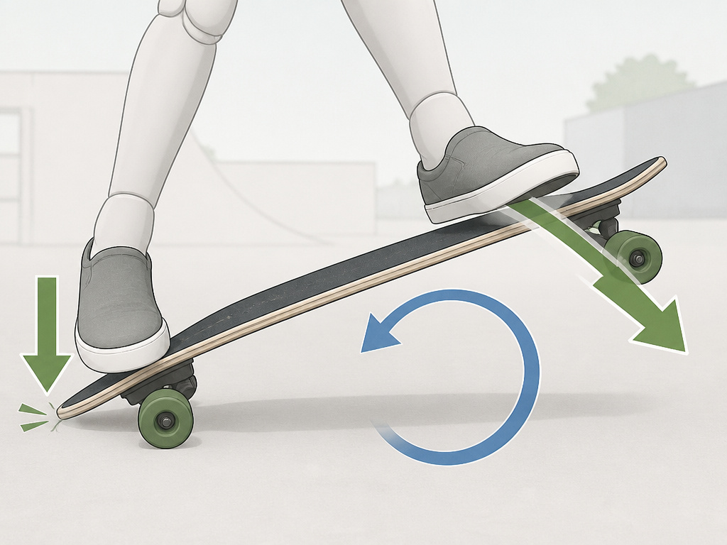 Cartoon diagram of the foot motion to kickflip a longboard deck.