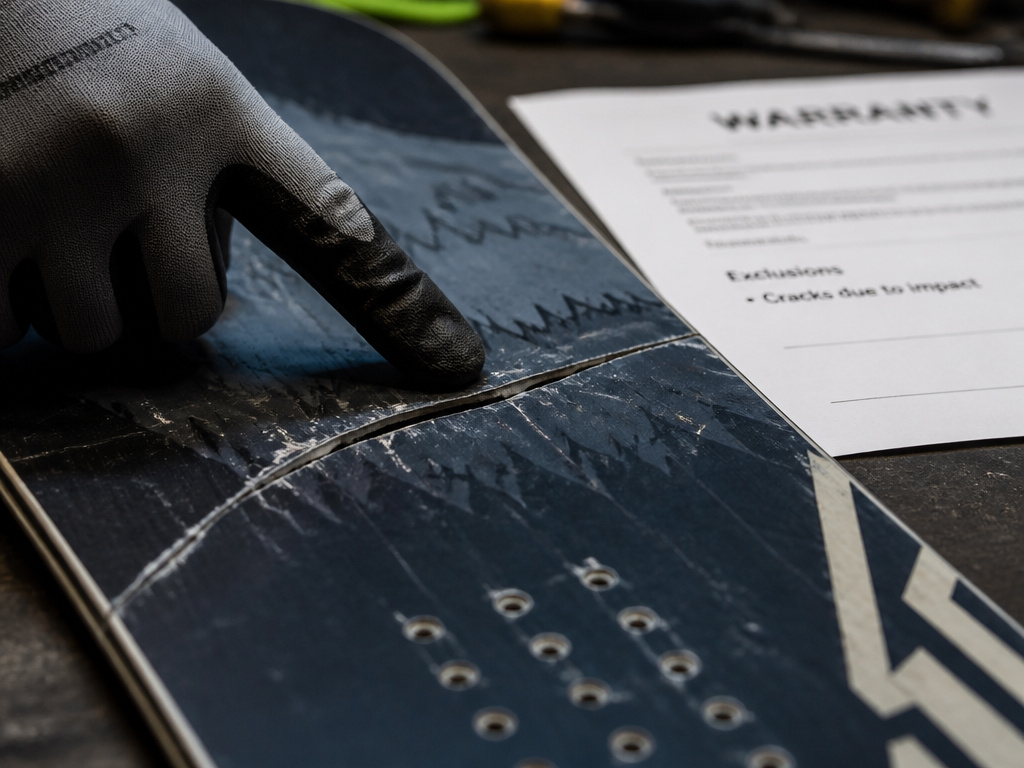 Close-up of a cracked snowboard top sheet, illustrating common warranty exclusion.