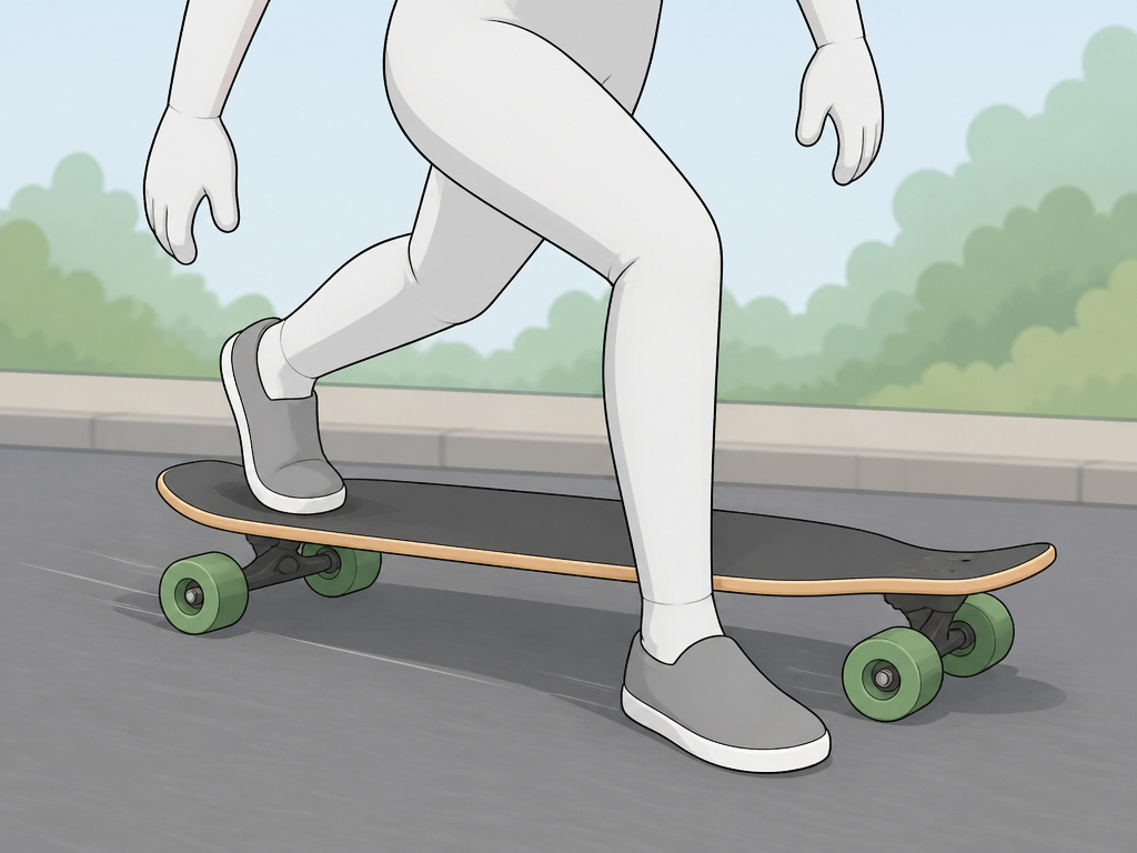 Cartoon diagram of stepping off a longboard during a ghost ride maneuver.