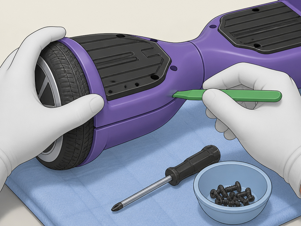 Cartoon diagram showing how to safely separate a hoverboard's plastic shell halves.