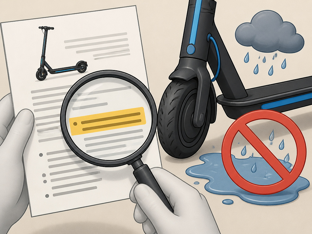 Bugatti 9.0 scooter warranty fine print highlighting water damage exclusion.