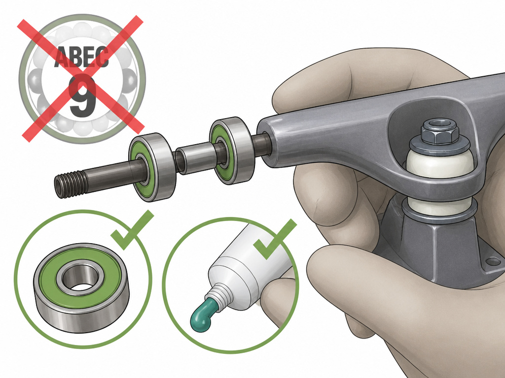 Longboard axle with two bearings and a spacer, ABEC rating crossed out
