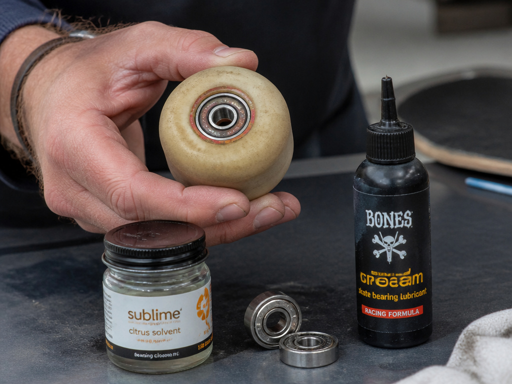 Close-up of longboard bearing maintenance with lubricant and cleaning supplies