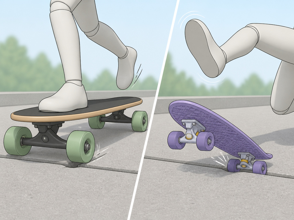 Beginner's experience comparing longboard stability versus Penny board wipeout on pavement crack