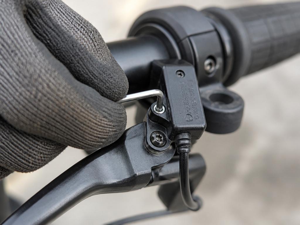 Mechanic adjusting brake lever microswitch to fix electric scooter throttle issues.