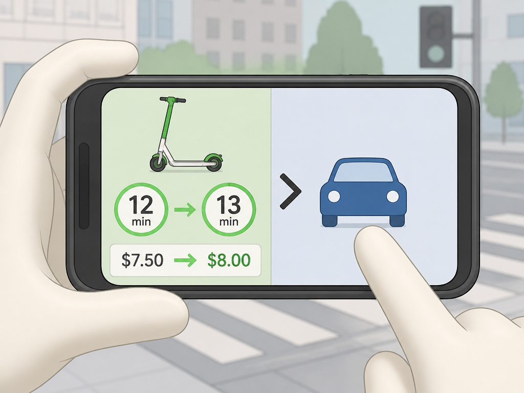 Cartoon diagram comparing Lime scooter cost to rideshare after 13 minutes.