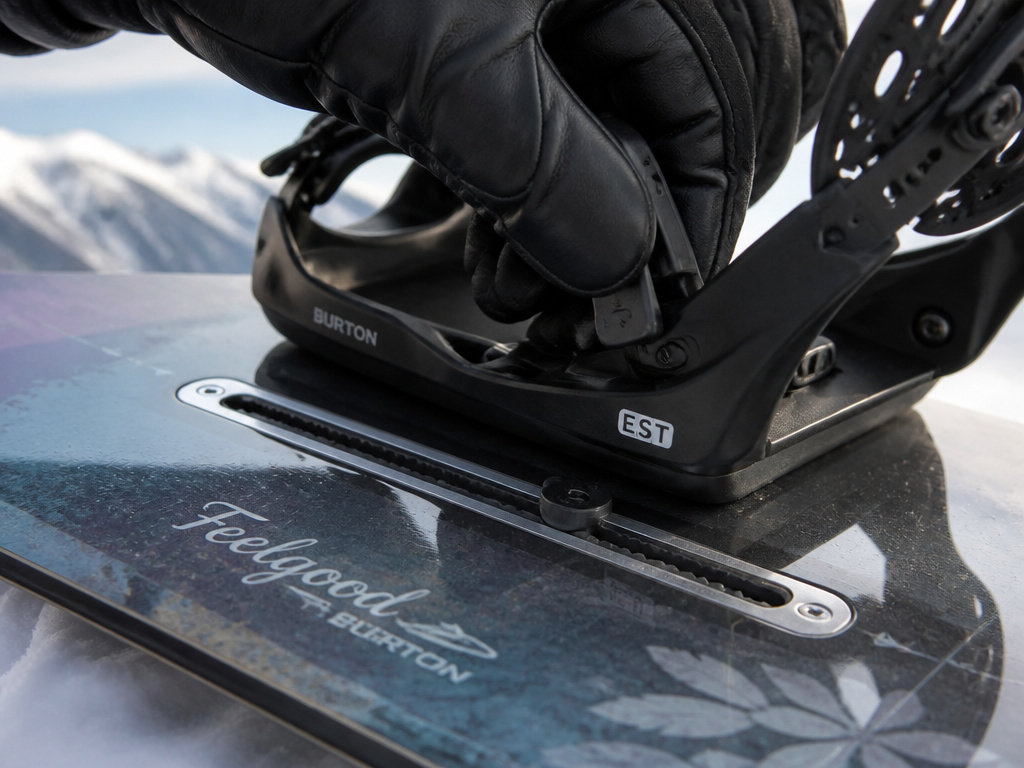 Close-up of Burton EST binding adjustment on Feelgood snowboard's Channel system.