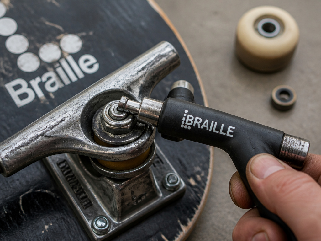 Close-up of tightening hardware on a Braille skateboard truck after failure
