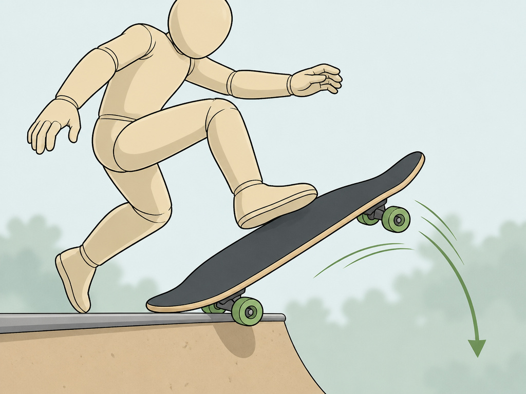 Dynamic jump technique for dropping in on a longboard, mid-action diagram.