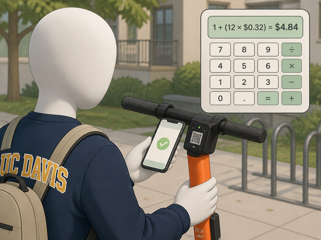 Student using a phone to unlock an electric scooter for a daily commute.