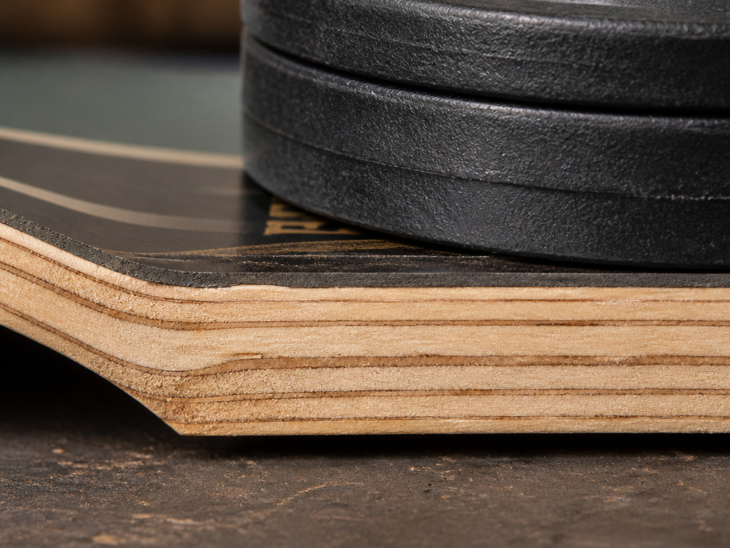Cross-section of a longboard deck under weight, showing laminated plywood layers.