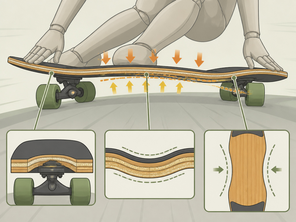 Diagram of a flexing longboard deck showing camber, concave, and wheel wells for carving.
