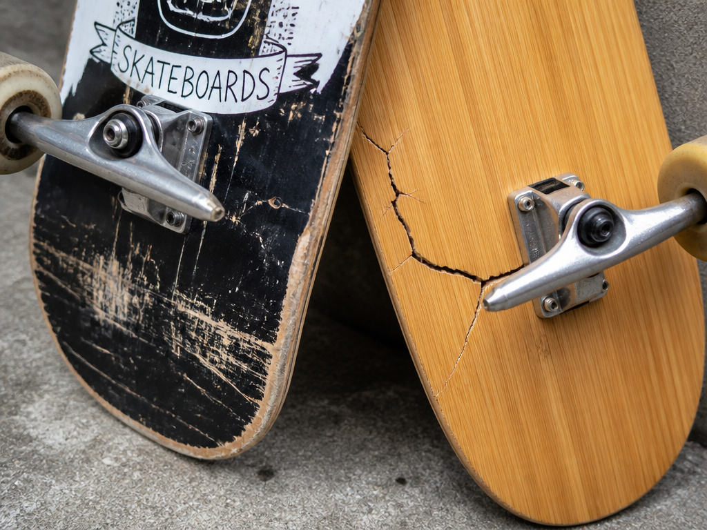 Braille skateboard deck comparison showing maple wear versus bamboo pressure cracks