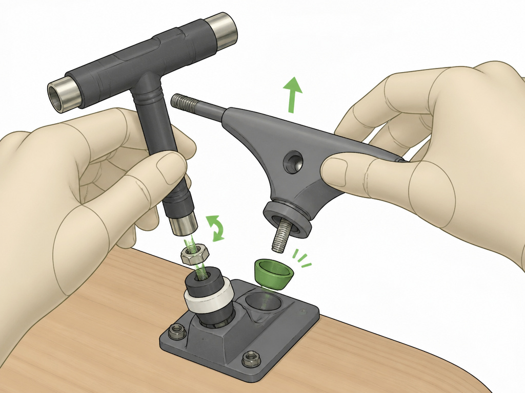 Step-by-step diagram for disassembling a drop-through longboard truck.
