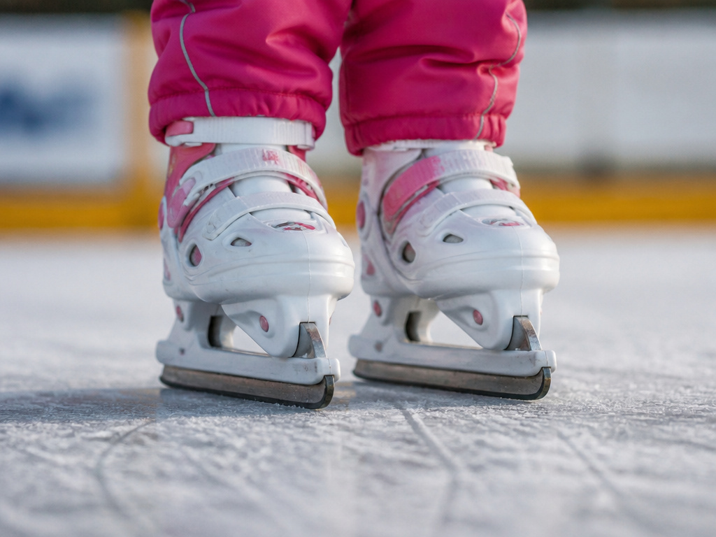Toddler wearing double-blade ice skates for stability and safety.