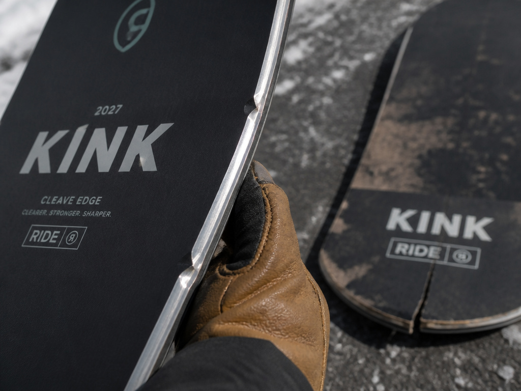 Close-up comparing old cracked edge to new Ride Kink snowboard edge technology.