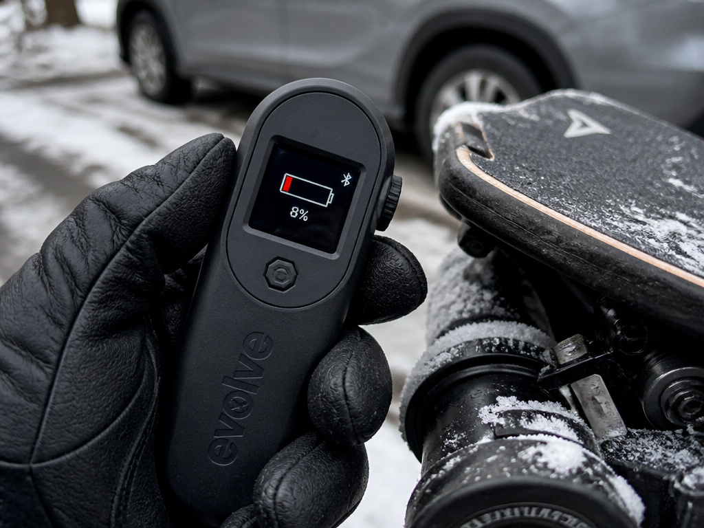 Electric longboard remote in gloved hand during winter ride, battery icon low